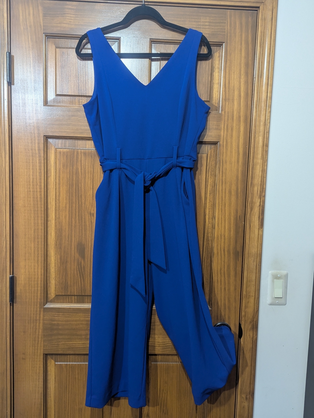 Tahari Royal Blue V-Neck Belted Wide-Leg Jumpsuit